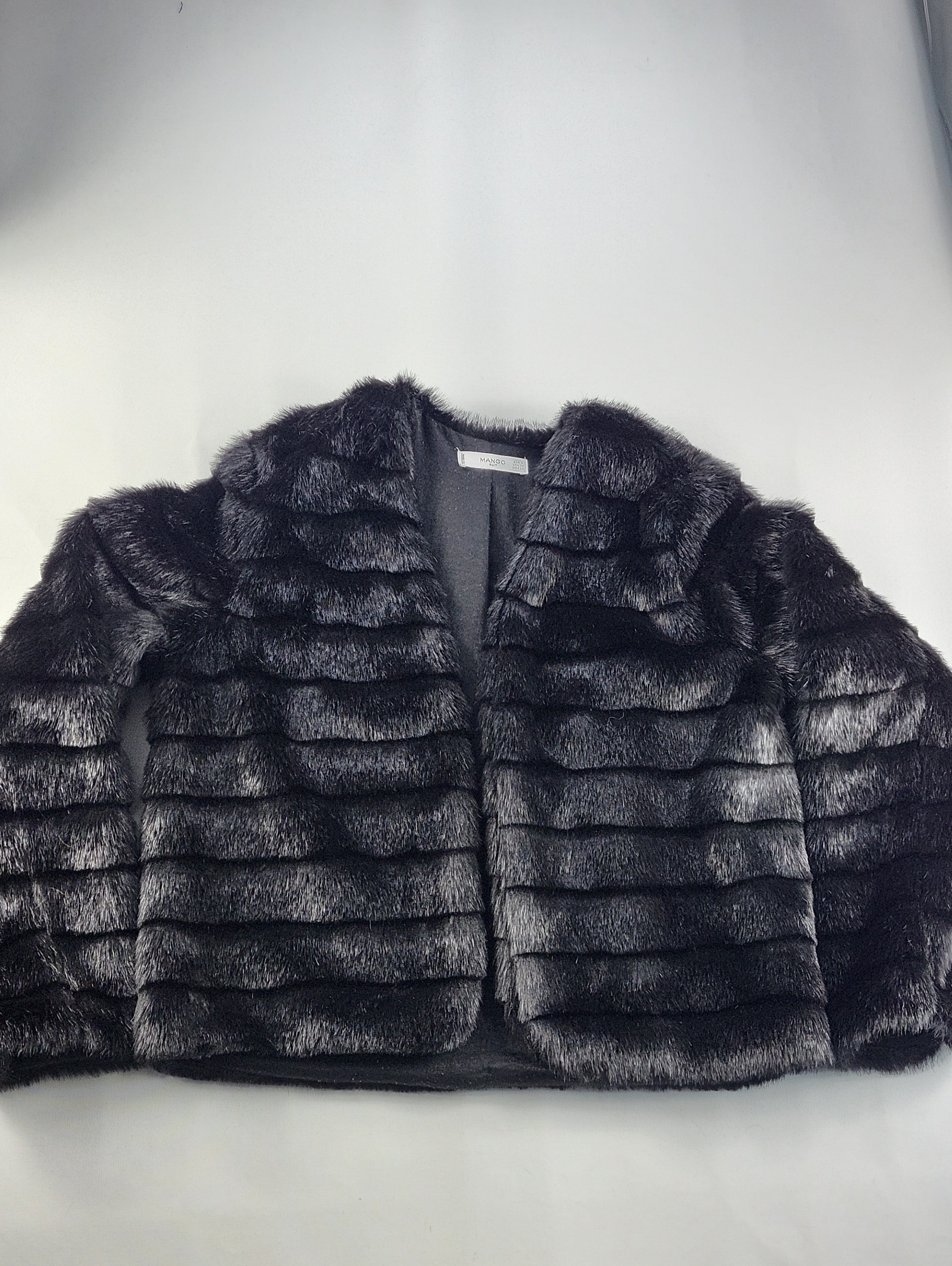 Mango Faux Fur Tiered Cropped Jacket Coat Grey Black